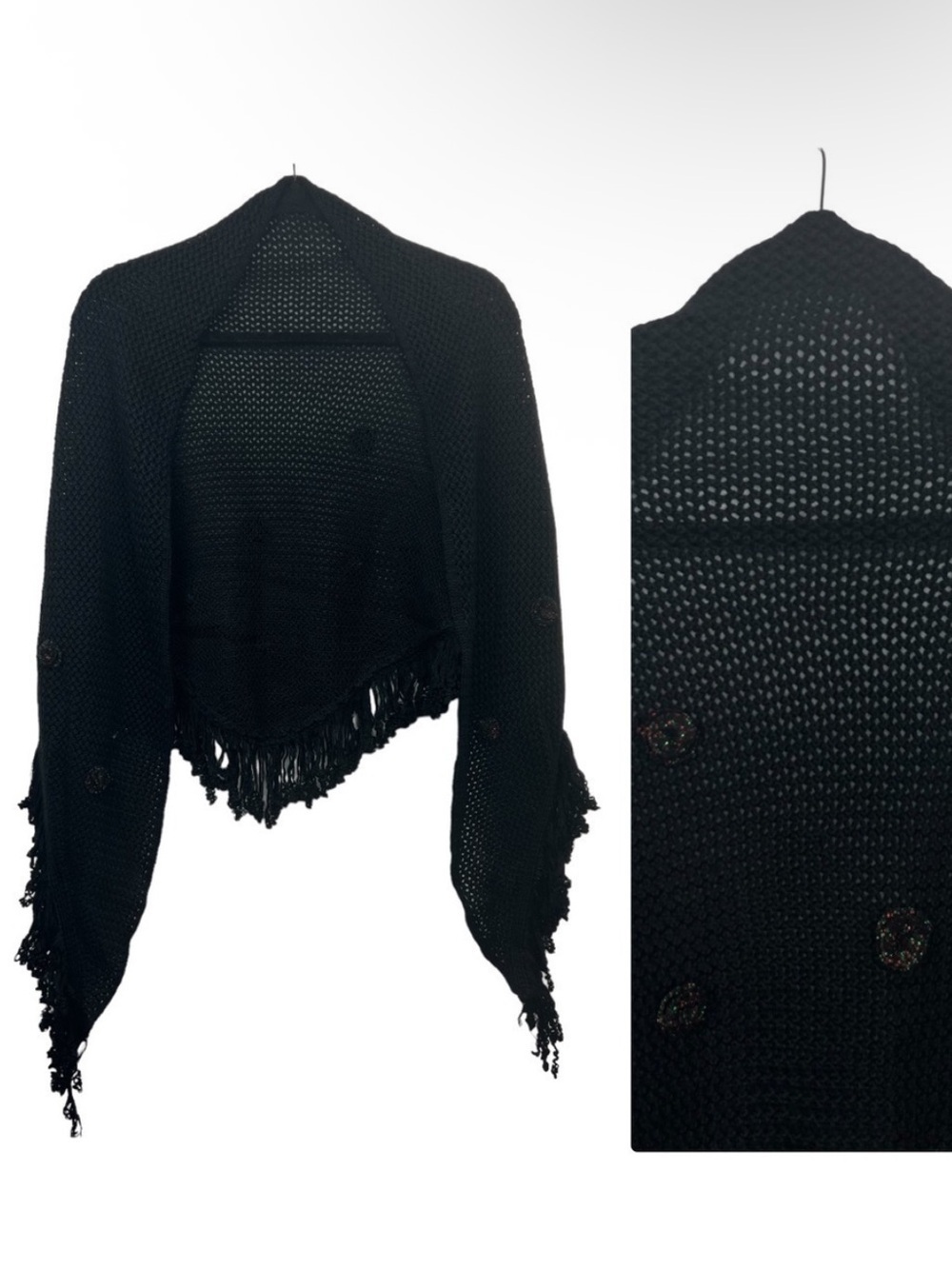 Black Open Knit Shawl With Fringe and Glitter Pom Pom